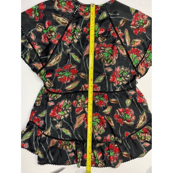 ESLEY Boho Casual Cinch-Waist Floral Top Large Black Multicolor Hi-Lo Baby-Doll - Picture 13 of 13